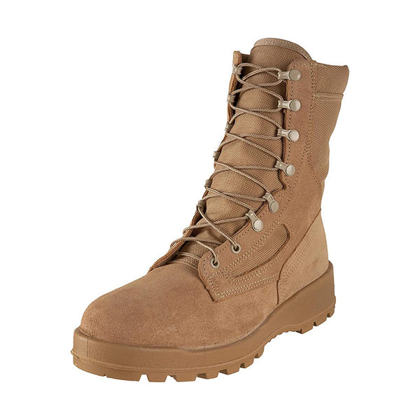 Military Women's Coyote Hot Weather Steel Toe Boots by WELLCO Mojave M161F. Military-certified coyote brown boots worn with working uniform. The suede leather & nylon fabric upper is built on a cushioned shock-absorbing sole system with moisture-wicking lining. Features removable inserts, padded collar with standard speed lace eyelets & NATO hooks. The VIBRAM® outsole provides flexibility plus shock absorption, making these shoes great for hiking, or outdoor activities.