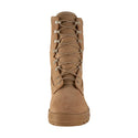 Military Women's Coyote Hot Weather Steel Toe Boots by WELLCO Mojave M161F. Military-certified coyote brown boots worn with working uniform. The suede leather & nylon fabric upper is built on a cushioned shock-absorbing sole system with moisture-wicking lining. Features removable inserts, padded collar with standard speed lace eyelets & NATO hooks. The VIBRAM® outsole provides flexibility plus shock absorption, making these shoes great for hiking, or outdoor activities.