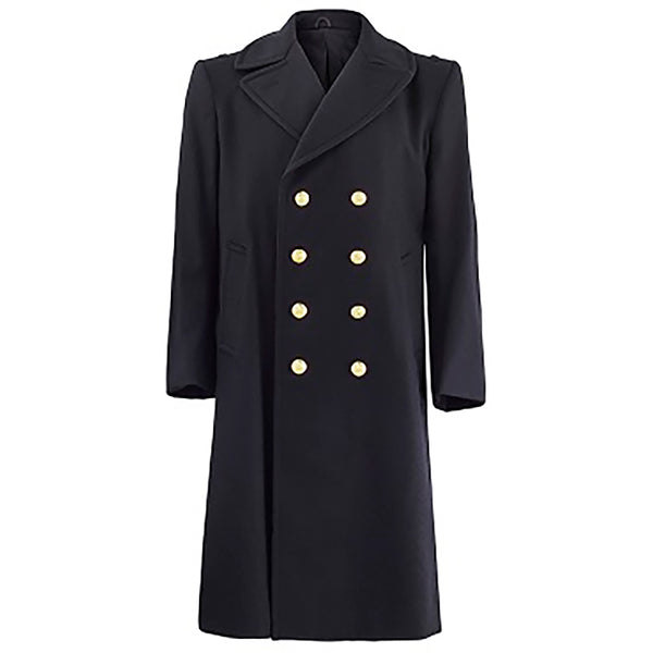 US NAVY Male Formal Wool Bridge Coat with gold buttons. This Overcoat is a classic military issue outerwear coat to keep you warm & stylish in Fall & Winter inclement weather. Worn by Chiefs (CPOs) & Officers over Dinner Dress Blue & Service Dress Blue uniforms. Dark Blue-Black Melton Wool Outer Shell. Genuine, Official USN Military uniform. Made in the USA.