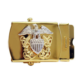 NAVY Men's Gold Buckle Officer - Silver Mirror Eagle. US NAVY Male Gold Metal Belt Buckle with Officer Insignia - American Eagle on Stars & Stripes Shield Crest in silver mirror finish over two gold crossed fouled anchors. Measures: 2 1/4"wide x 1 3/8"high. Certified USN Military item. Made in the U.S.A.