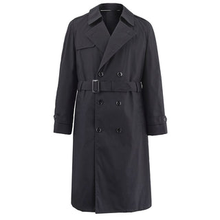 U.S. Navy Men’s Black All Weather Coat with Belt. Male Trench worn with Service, Dress & Formal uniforms in inclement weather. Water-repellant rain jacket with double-breasted button closures, convertible collar that buttons at neck, gun flap, shoulder loops, back yoke/rain guard, buttoned sleeve cuffs, side welt pockets, and optional zip-out liner. Polyester Cotton Poplin Outer Shell; Nylon lining. Official USN Military issue. Made in the USA.