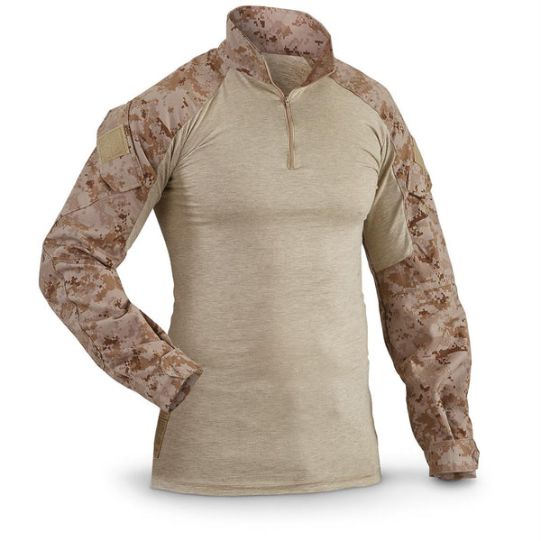 US Marine Corps Flame Resistant Combat Shirt with Desert MARPAT Camo Sleeves. This Fire Resistant Tactical Combat Blouse features a dri-release fabric body with stand-up zip collar, raglan sleeves with angled pockets, reinforced elbow and adjustable button cuffs.