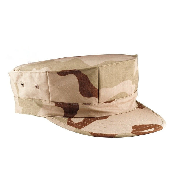 DCU Tri-Color Desert Camo 8-Point Cover. U.S Military Desert Combat Uniform Uniform Cap Hat in Tri-Color Desert Camouflage. Official, Military issue Desert Combat pattern camo hat with octagon-shaped crown with side ventilation holes. Tan, sand, coyote brown, khaki 50/50 Nylon Cotton Ripstop. Made in U.S.A.