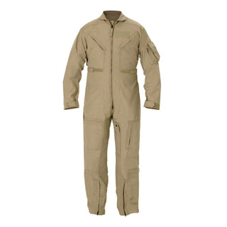 Men's Tan Military Flight Suit CWU-27/P. US Military-issue CWU-27/P Tan Flyers Coveralls in FR (flame-resistant) NOMEX material. Two-way zipper with pull, six primary zippered pockets, adjustable waist belt and cuffs with hook & loop fasteners, knife pocket on left inseam, pencil pocket on left sleeve, gusseted back, and attachable areas on shoulders and left sleeve for hook & loop insignia/rank patches. Fabric Tan 92% Meta-Aramid, 5% Para-Aramid, 3% Conductive Fiber. Made in U.S.A.