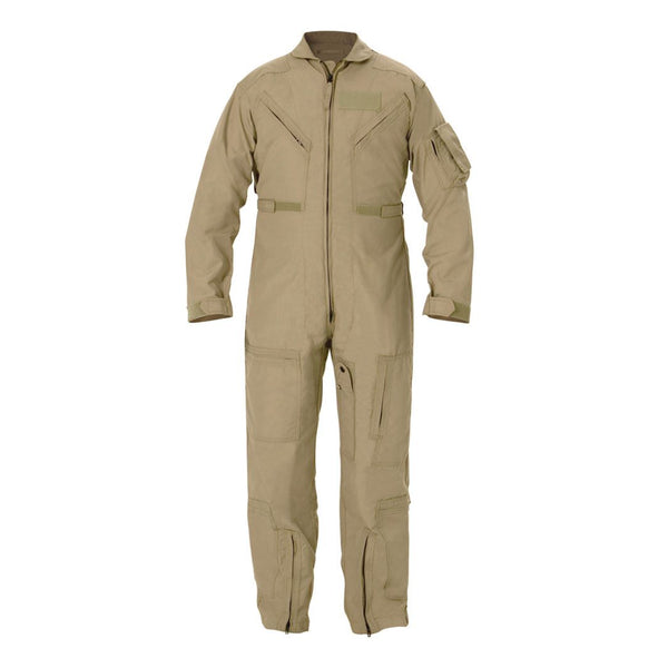 Men's Tan Military Flight Suit CWU-27/P. US Military-issue CWU-27/P Tan Flyers Coveralls in FR (flame-resistant) NOMEX material. Two-way zipper with pull, six primary zippered pockets, adjustable waist belt and cuffs with hook & loop fasteners, knife pocket on left inseam, pencil pocket on left sleeve, gusseted back, and attachable areas on shoulders and left sleeve for hook & loop insignia/rank patches. Fabric Tan 92% Meta-Aramid, 5% Para-Aramid, 3% Conductive Fiber. Made in U.S.A.