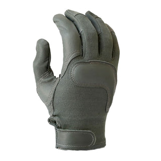 US ARMY Combat Gloves - Type II Capacitive in Sage/Foliage Green knit and leather.  Slip-on style with adjustable wrist tabs. Top construction is made of flame resistant knit and touchscreen leather. The pliable goatskin leather is treated for water & fire resistance.  Features padded knuckle and palm reinforcements for impact protection, useful storage loop for easy storage on a carabiner made from para-aramid webbing, FR hook & loop wrist binding.