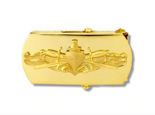 NAVY Men's Gold Buckle - Surface Warfare Officer. US NAVY Male Gold Metal Belt Buckle with Surface Warfare Officer insignia. Measures: 3"wide x 1 1/2"high. Certified USN Military accessory. Made in the U.S.A.