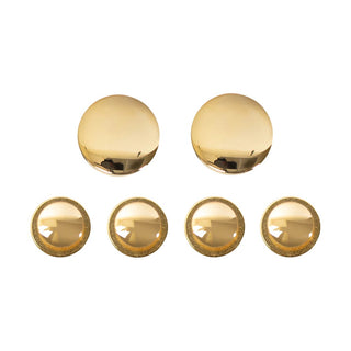 Gold Metal mirror-finish round cuff links & shirt studs for Men's formal dress white shirt. Gold is optionally worn by US Military Navy Officers & CPOs when wearing black tie.  - Set includes: 2 cuff links and 4 shirt studs - Made in the USA. - Condition: Good, pre-owned/gently used unless marked as NEW.