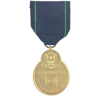U.S. Military Armed Forces Medal for the Navy Expert Pistol Award. Regulation Full Size.  - Sold individually - Mounting bar sold separately. - Official U.S. Military Grade Medal - Made in the USA - Condition: Good, pre-owned/gently used unless marked as NEW.