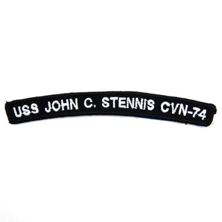 NAVY UIM Rocker: U.S.S. John C. Stennis CVN-74. US NAVY Unit Identification Mark Rocker Boat Patch - USS John C. Stennis CVN-74. Worn on the right shoulder sleeve of Enlisted Service Dress Blue & White Jumpers.  - Genuine Military USN Uniform Item. - Made in the USA - Condition: Good pre-owned/gently used unless marked as NEW.