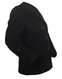 US NAVY Female Enlisted Pea Coat is a classic military issue outerwear coat for Fall and Winter months. This hip length Peacoat jacket is made of a dark blue-black melton wool with convertible collar, 1 interior chest pocket, 2 front slash pockets, and a double-breasted closure made of six 35-line black plastic buttons with fouled anchor motif. Fabric: 100% Wool Outer Shell; Polyester lining. Color: Blue-Black (U.S. Navy color Blue #3346). Made in the USA.