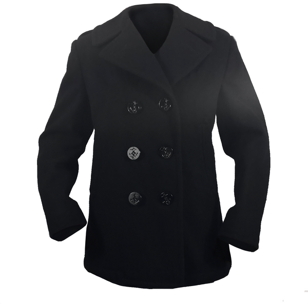 US NAVY Female Enlisted Pea Coat is a classic military issue outerwear coat for Fall and Winter months. This hip length Peacoat jacket is made of a dark blue-black melton wool with convertible collar, 1 interior chest pocket, 2 front slash pockets, and a double-breasted closure made of six 35-line black plastic buttons with fouled anchor motif. Fabric: 100% Wool Outer Shell; Polyester lining. Color: Blue-Black (U.S. Navy color Blue #3346). Made in the USA.