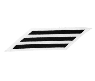 US NAVY Hash Marks, Male Service Stripes Enlisted: set of 3 (triple/three stripes) - Blue & White for (SDW) Service Dress White Uniform. Embroidered Blue on White CNT (Certified Navy Twill).  - Male E1-E6 hashmarks service stripes measure 5-1/4" long x 3/8" wide. - Made in the USA.