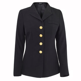 USN Female Service Dress Blue (SDB) Coat Jacket with Gold Buttons. Service Dress or ceremonial uniform for female (CO/CPO) Officers & Chief Petty Officers.   - Color & Fabric: Black Polyester-Wool Blend with Gold Buttons - Care: Dry clean only - Made in U.S.A. - Condition: Good pre-owned/gently used, unless marked as NEW.