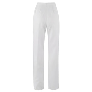 US Navy Female Service Dress White (SDB) Unbelted Jumper Pants. These slacks are worn by enlisted sailors with the Ladies White Jumper Top with Piping & Zipper, or plain White Jumper Top. Unbelted waistband with zippered front closure, and two side pockets. Official Military Issue Uniform. White CNT (Certified Navy Twill) 100% Polyester. Made in U.S.A.