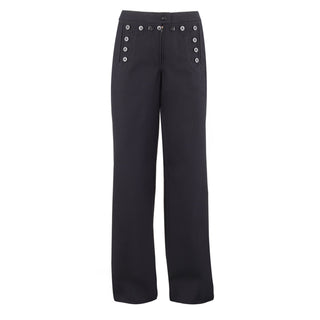 As-Is Condition Women's SDB Jumper Trousers with Zipper. USN Female Enlisted Service Dress Blue Jumper Pants with Zipper. Features: hidden zipper front closure includes 13 non-functional buttons, left & right front welt pockets, one rear right pocket, laced gusset at back, inverted side creases and flared legs. Black 100% Wool. Genuine, Official US Military Navy Uniform. Made in U.S.A.