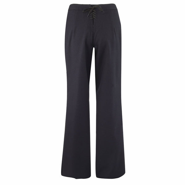 NAVY Women's Service Dress Blue Jumper Trousers with zipper. USN Female Enlisted SDB Zippered Jumper Pants. Hidden zipper front closure with 13 non-functional buttons, left & right front welt pockets, rear right pocket, laced gusset at back, inverted side creases and flared legs. All pants are hemmed unless stated otherwise. Black 100% Wool. Made in U.S.A. Genuine, Official US Military Navy Uniform.