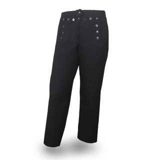 As-Is Condition Women's SDB Jumper Trousers with Zipper. USN Female Enlisted Service Dress Blue Jumper Pants with Zipper. Features: hidden zipper front closure includes 13 non-functional buttons, left & right front welt pockets, one rear right pocket, laced gusset at back, inverted side creases and flared legs. Black 100% Wool. Genuine, Official US Military Navy Uniform. Made in U.S.A.