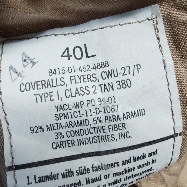 Label 40L Coveralls Flyers CWU-27/P Type I Class 2 Tan 380 Fabric: 92% Meta-Aramid, 5% Para-Aramid, 3% Conductive Fiber, Carter Industries Inc.
