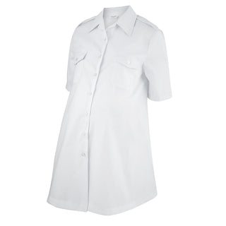  USN Female Maternity Summer White Short-Sleeve Shirt. This blouse is worn with the Navy Summer White Maternity Pants/Slacks. Includes shoulder epaulets for Officer Hard Boards. White Certified Navy Twill (100% Polyester). Made in U.S.A. Genuine, Official US Military Navy Uniform.