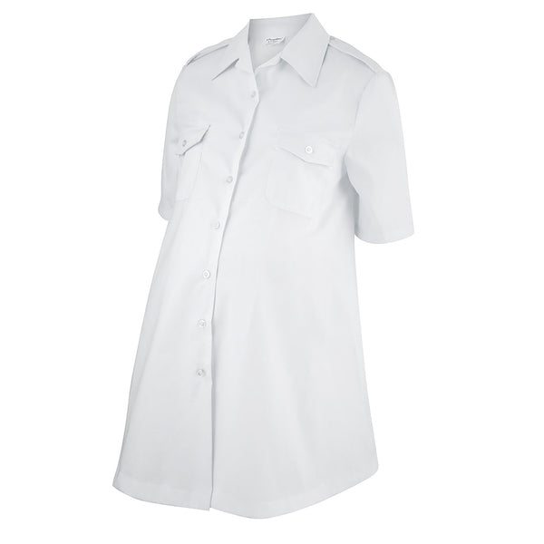  USN Female Maternity Summer White Short-Sleeve Shirt. This blouse is worn with the Navy Summer White Maternity Pants/Slacks. Includes shoulder epaulets for Officer Hard Boards. White Certified Navy Twill (100% Polyester). Made in U.S.A. Genuine, Official US Military Navy Uniform.