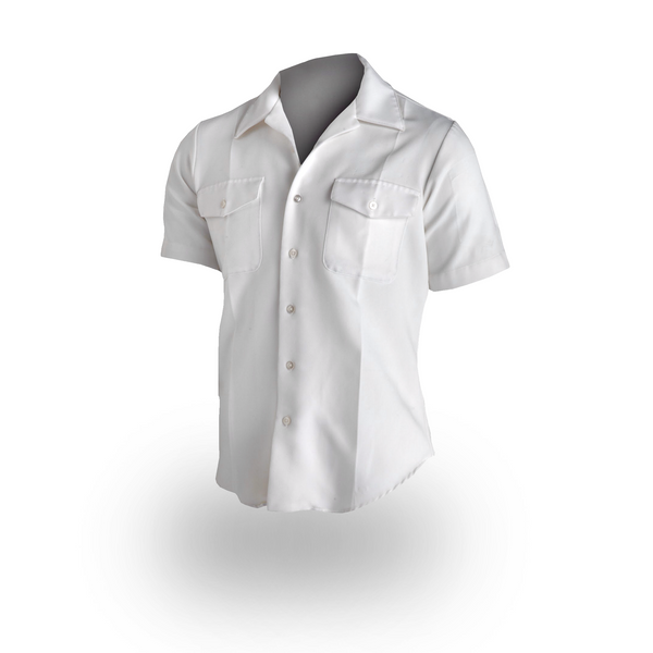 NAVY Men's CPO Summer White CNT Shirt. US NAVY Male Enlisted Chief Petty Officer Summer White CNT Short Sleeve Shirt for warm weather wear. Pair with the White CNT Trousers. Features short sleeves, two breast pockets with button flaps, open collar v-neck collar. Enlisted style features plain shoulders. White Certified Navy Twill 100% Polyester. Official USN Military issue. Made in the USA.