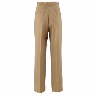 NAVY Women's Slacks in Khaki Poly Wool. US NAVY Women's Service Khaki Belted Poly Wool Pant Trousers for Officers/Chief Petty Officers. These slacks are worn with the USN Female Service Khaki Officer/CPO Poly Wool Shirt. Features: fore and aft creases, belt loops, zippered fly front closure, and 2 side pockets. Slacks may be straight legged or slightly flared. Khaki 75% Polyester, 25% Wool. Official Military Issue Uniform. Made in U.S.A.