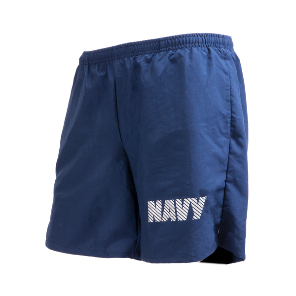 USN Physical Training Shorts with 6-inch inseam leg.  - Unisex sizing - Navy blue in 100% nylon. "NAVY" in silver reflective 1 1/2" lettering on front left leg. - Option of included Polyester lining (moisture-wicking & odor-resistant) or without liner (cut out by Sailors for more freedom of movement).  - Made in the USA. - Condition: Good, pre-owned/gently used unless marked as NEW.