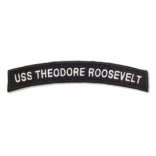 NAVY UIM Rocker: U.S.S. Theodore Roosevelt. US NAVY Unit Identification Mark Rocker Boat Patch - USS Theodore Roosevelt (aka "Teddy" Roosevelt). Worn on the right shoulder sleeve of Enlisted Service Dress Blue & White Jumpers. Genuine Military USN Uniform Item. Made in the USA Condition: Good pre-owned/gently used unless marked as NEW.
