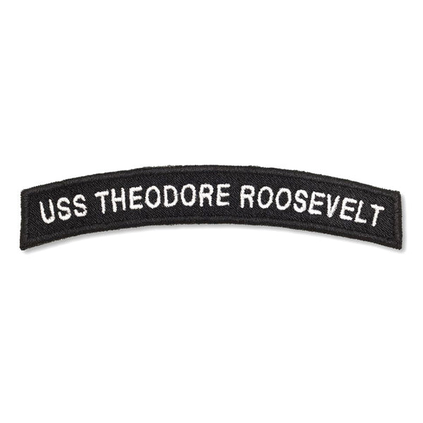 NAVY UIM Rocker: U.S.S. Theodore Roosevelt. US NAVY Unit Identification Mark Rocker Boat Patch - USS Theodore Roosevelt (aka "Teddy" Roosevelt). Worn on the right shoulder sleeve of Enlisted Service Dress Blue & White Jumpers. Genuine Military USN Uniform Item. Made in the USA Condition: Good pre-owned/gently used unless marked as NEW.