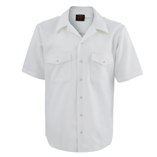 US NAVY Male Officer Summer White CNT Short Sleeve Shirt for warm weather wear. Men's military blouse features short sleeves, two breast pockets with button flaps, open collar v-neck collar. Officer style features shoulder loops for mounting hard shoulder boards. White Certified Navy Twill / 100% Polyester. Official USN Military issue. Made in the U.S.A.