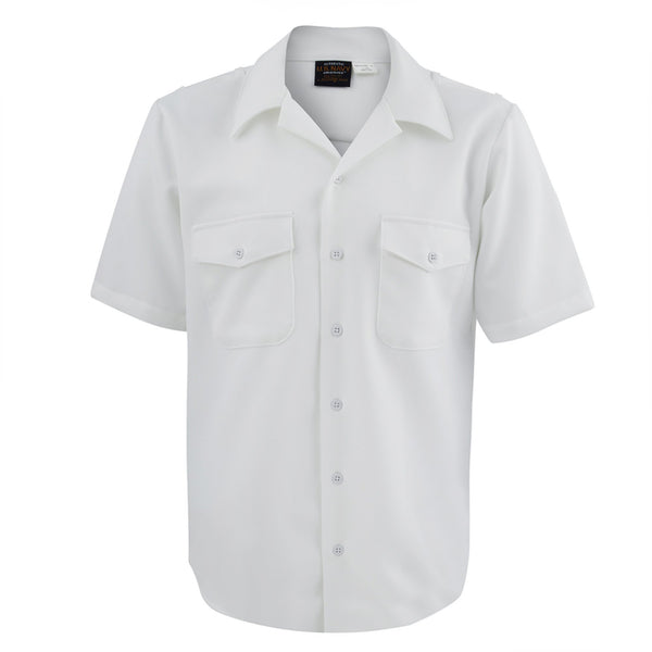 NAVY Men's Officer Summer White CNT Shirt. US NAVY Male Officer Summer White CNT Short Sleeve Shirt for warm weather wear. Features short sleeves, two breast pockets with button flaps, open collar v-neck collar. Officer style features shoulder loops for mounting hard shoulder boards. White Certified Navy Twill / 100% Polyester. Genuine Military-issue uniform. Made in the U.S.A.