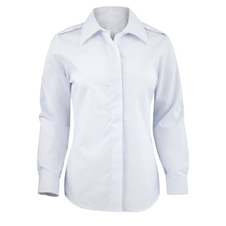 USN Female White Long Sleeved Dress Shirt with Epaulets, worn with the Service Dress Blue (SDB) Jacket. Plain button front, hidden button placket, and shoulder epaulettes. Officers and CPOs wear appropriate soft shoulder boards on the epaulets. White 60% Cotton / 40% Polyester. Genuine Military issue uniform. Made in U.S.A.