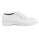 AS-IS Condition Men's White Leather Upper Oxford Shoes. Lightweight leather upper with a breathable lining. These low quarter lace-up oxfords feature a soft toe with a cushioned, removable insert for extra comfort.  - Brand: Bates Lites - Style# 0131 - Upper: Full-Grain 100% Leather - Sole: Synthetic sole, heel approx 1.25" high - Navy approved wear with Dress White and Summer White Uniforms for E7-O10. - Made in the USA - Condition: AS-IS, pre-owned/used.