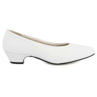 Women's Dress Pumps - White Leather. USN Female Dress White Leather Pump Shoes with Low to Mid Heel. Heel height: Low heel = 1 1/4-inches, Mid heel = 1 1/2-inches. Leather Upper, Manmade Sole. Padded Sole for Comfort. Approved Optional wear by all U.S. Military Armed Services. Made in the U.S.A.