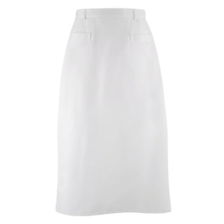 AS-IS Condition USN Female Officer/CPO Service Dress White Skirt with belted waistband. This skirt is an alternative to the white slacks worn with the Women's Summer White CNT Shirt. This style features an A-Line silhouette with two front welt pockets and back zipper closure.