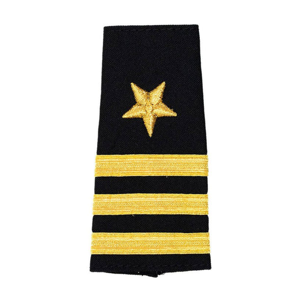 NAVY O5 Soft Boards: CDR Line Officer. US Navy O-5 Soft Shoulder Boards for Line Officer - Commander. Worn with Service Dress White, Shirt and V-Neck Pullover. Gold embroidery on black polyester cotton. Sold in pairs. USN-Certified. Made in the U.S.A.