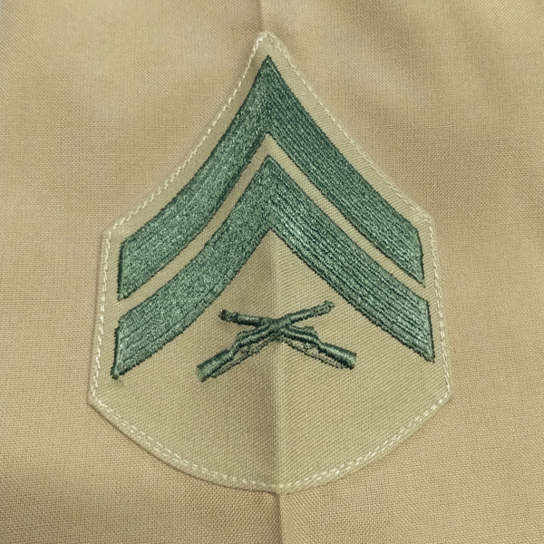 USMC Men's Chevron Green on Khaki CPL patch insignia. E-4 Corporal.