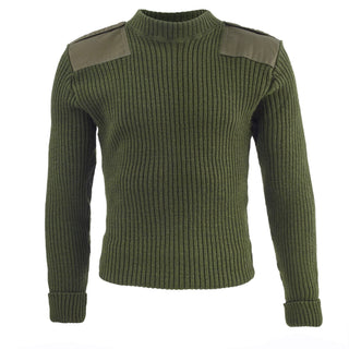 USMC Men's Green Sweater with Epaulets. US Marines Corps Male Green Sweater with Shoulder Epaulettes. This sweater is worn over the USMC Long & Short Sleeve Khaki Shirts. This pullover features a ribbed-knit body with crew neck, fabric elbow patches and shoulder epaulets.  - Fabric: Olive Green 100% Wool Knit Body, Polyester/Cotton Patches - Care: Dry clean only. - Official US Marine Corps Military issue - Made in the USA