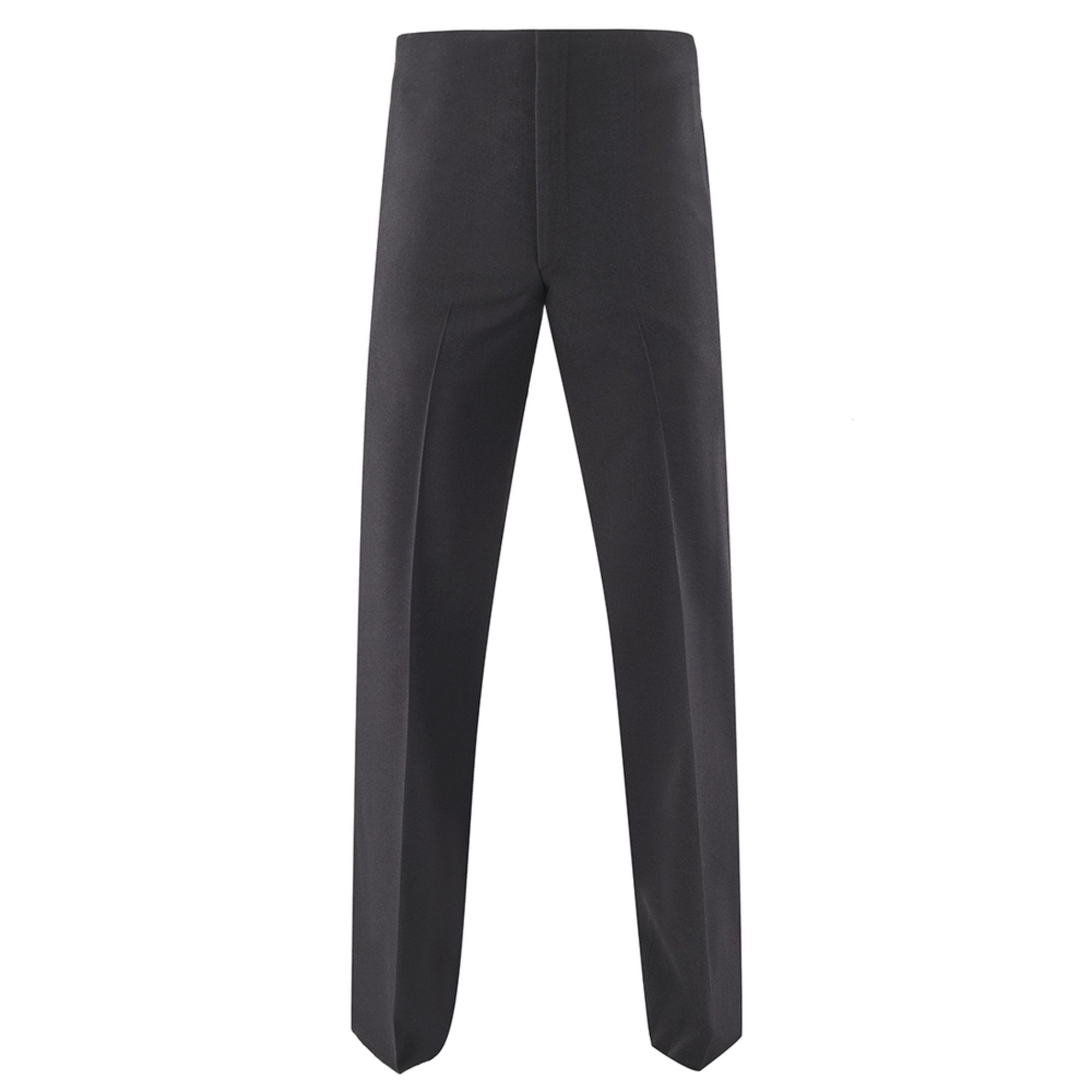 NAVY Men's Formal Dinner Dress Trousers. US NAVY & COAST GUARD Male Formal Dinner Dress Blue Evening Pants. These black trousers feature a high waist, unbelted, with a zippered fly front, fore & aft creases, and two side pockets. Black 55/45 Polyester Wool. USN/USCG Military Certified. Made in U.S.A.