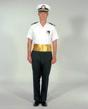 Male Gold Cummerbund with back velcro closure. Cummerbund with wraparound, 5-pleat style for Navy wear with Tropical Dinner Dress Uniforms for Naval Chief Petty Officers & Officers (E7-O10). Wear with pleats facing up, around the waist overlapping the skirt/trouser top at least 1 inch.
