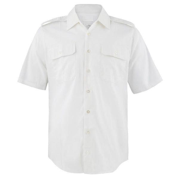 US Navy Male Tropical Summer White Short Sleeve Shirt in lightweight poplin fabric for warm weather wear. This easy shirt has been retired by the Navy and can now be worn by all! Features slightly slim fit with short sleeves, button down front, double flap pockets, open v-neck collar, and shoulder epaulets. - Fabric: White Polyester Cotton Poplin - Care: Machine wash, tumble dry warm - Official USN Military issue - Made in the USA - Condition: Good, pre-owned/gently used unless marked as NEW.