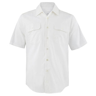 US Navy Male Enlisted Tropical Summer White Short Sleeve Shirt in lightweight poplin fabric for warm weather wear. This retired Navy uniform is a soon to be a vintage classic. Features slightly slim fit with short sleeves, button down front, double flap pockets, and open v-neck collar. Note: does not feature shoulder epaulets. - Fabric: White Polyester Cotton Poplin - Care: Machine wash, tumble dry warm - Official USN Military issue - Made in the USA - Condition: Good, pre-owned/gently used