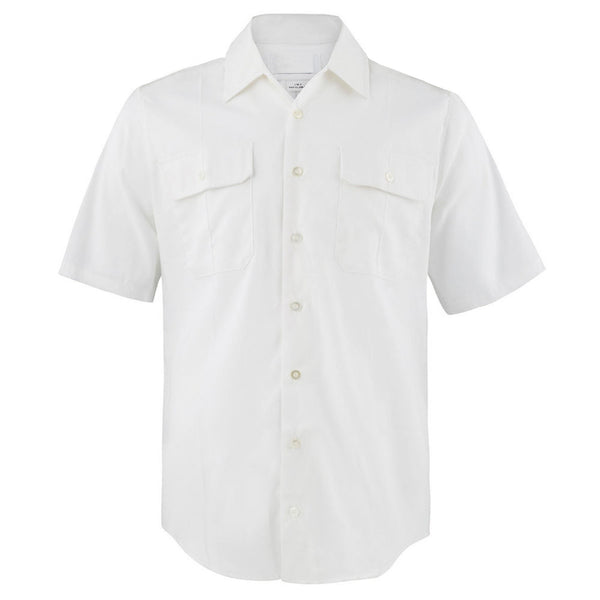 US Navy Male Enlisted Tropical Summer White Short Sleeve Shirt in lightweight poplin fabric for warm weather wear. This retired Navy uniform is a soon to be a vintage classic. Features slightly slim fit with short sleeves, button down front, double flap pockets, and open v-neck collar. Note: does not feature shoulder epaulets. - Fabric: White Polyester Cotton Poplin - Care: Machine wash, tumble dry warm - Official USN Military issue - Made in the USA - Condition: Good, pre-owned/gently used