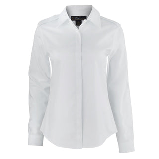 NAVY Women's Brooks Brothers White Long Sleeve Dress Shirt. USN Female White Long Sleeved Dress Shirt with Epaulets by U.S. Navy Premier Collection made by Brooks Brothers. Non-iron cotton fabric with plain button front, hidden button placket, and shoulder epaulettes. Officers and CPOs wear appropriate soft shoulder boards on the epaulets. U.S. Navy Premier Collection exclusively by Brooks Brothers. 100% White Supima Cotton. 
