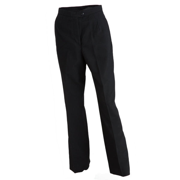 As-Is Condition NAVY Women's NSU Trousers. US Navy Female Navy Service Uniform Unbelted Pants. These slacks are worn by enlisted sailors with the Ladies Khaki Overblouse or AS-IS Condition Khaki Overblouse. Features: Unbelted waistband with fore and aft creases, zippered front closure, and two side pockets. Black 75% Polyester, 25% Wool. Genuine, Official US Military Navy Uniform. Made in U.S.A.